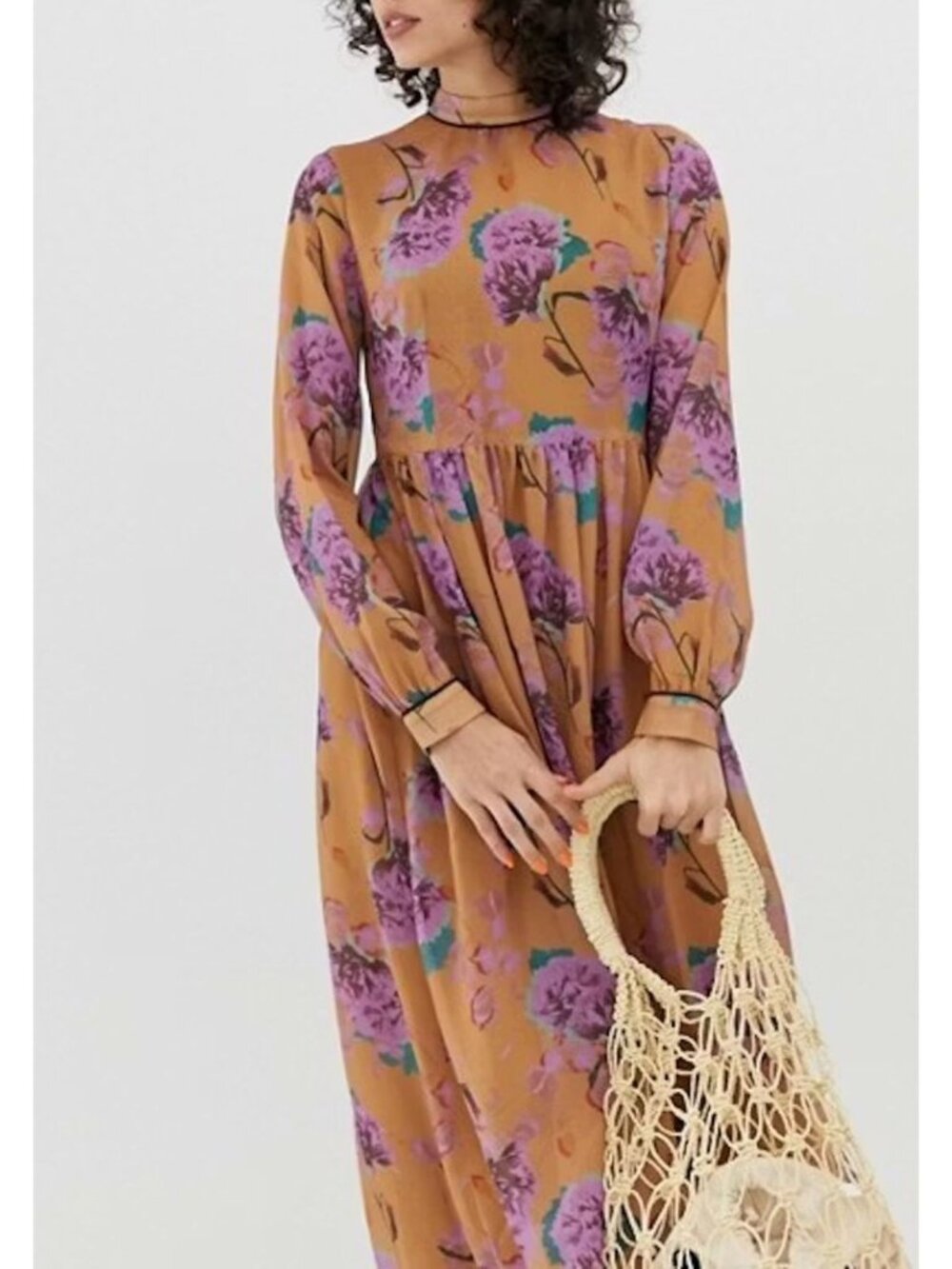 Maxi Floral Long-Sleeve Dress in Mustard with Purple Print